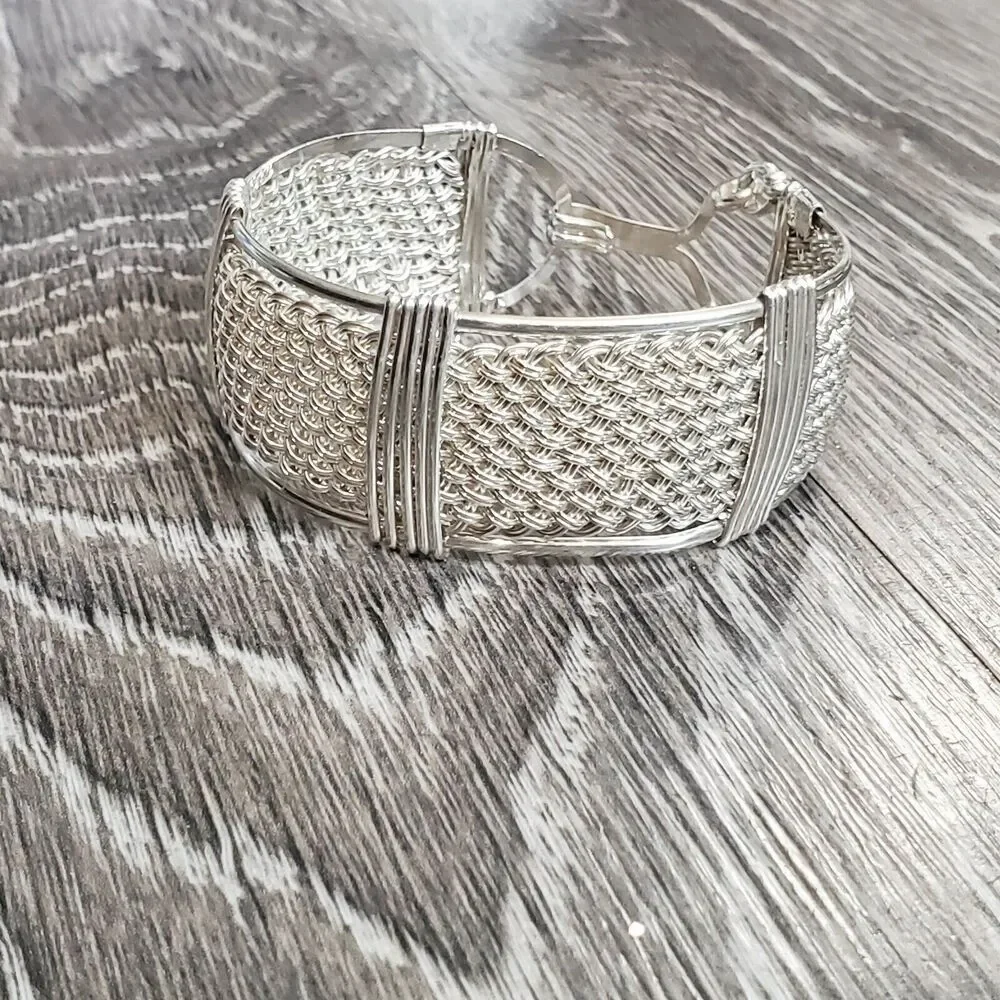 Handwoven 25mm Wide Textile Weave Sterling Silver Bracelet 42 Grams